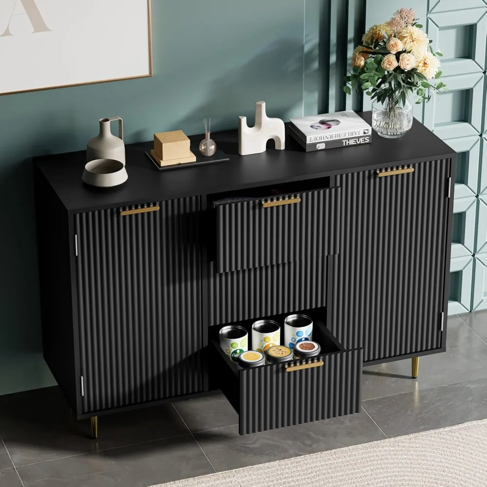 Mobiletto decorativo moderno con 3 cassetti e 2 ante, credenza da cucina con ripiani regolabili, nero