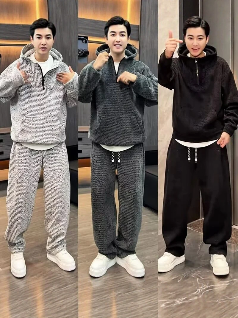 

Men's Casual Sportswear Set Heavyweight Hoodie Sweatpants Autumn Winter Faionable Two-Piece Suit Long Sve Long Pants