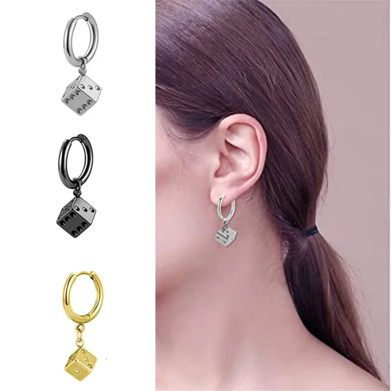 Trendy Punk Dice Pendant Stainless Steel Hoop Earrings Cool Square Geometric Stud Ear Jewelry Party Gifts For Women Men