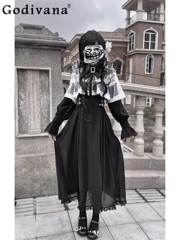 

Japanese Original Dark Gothic Retro Elegant Lady Waist Slimming Ruffle Lace Off-Shoulder Long Sleeve Dress for Women