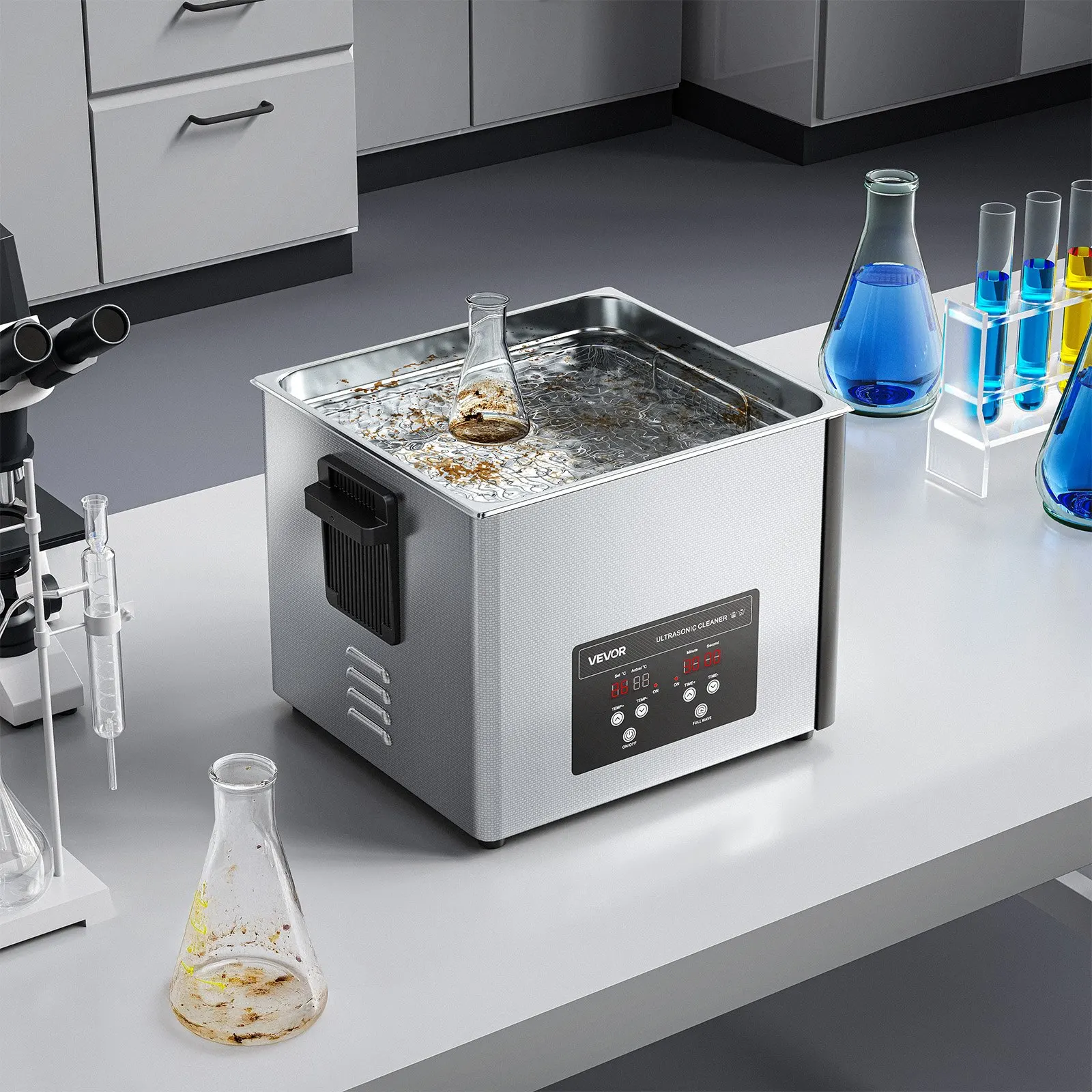 Nettoyeur à ultrasons 15L, machine de nettoyage à ultrasons professionnelle avec panier de nettoyage et affichage numérique, machine de nettoyage industrielle 240W en acier inoxydable 40kHz pour pièces, carburateurs et instruments
