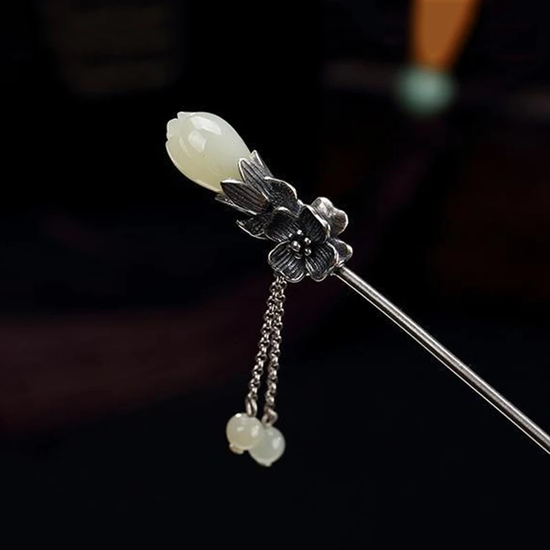 Natural Hetian Magnolia Flower Tassel Pendant Ladies Silver Hairpin Chinese Style Retro Charm Hanfu Accessories Jewelry