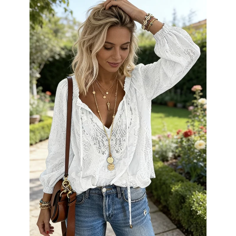

Women's Vintage Blouse Long Sleeve, Spring Summer Casual Floral Lace Print Top with Relaxed Fit, Retro Elegant Office Wear Shirt