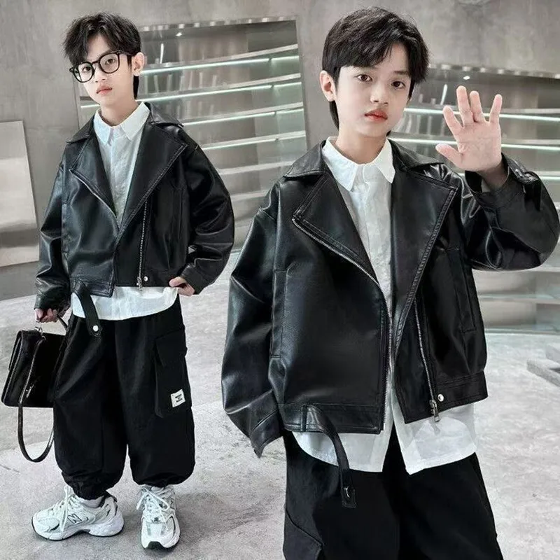 

4-14 Year Girls' Short Casual Collar Jacket Spring and Autumn Korean Edition Children's Zipper Warm Handsome Coat 110-170cm