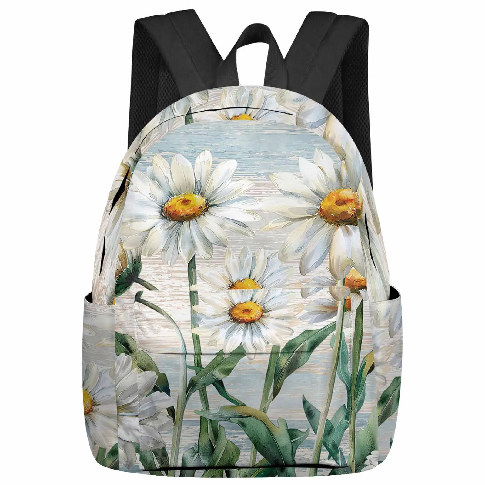 

Floral Plants Daisies Rural Retro Wood Grain Large Capacity Multi Pocket Travel Backpacks Schoolbag Women Laptop Rucksack