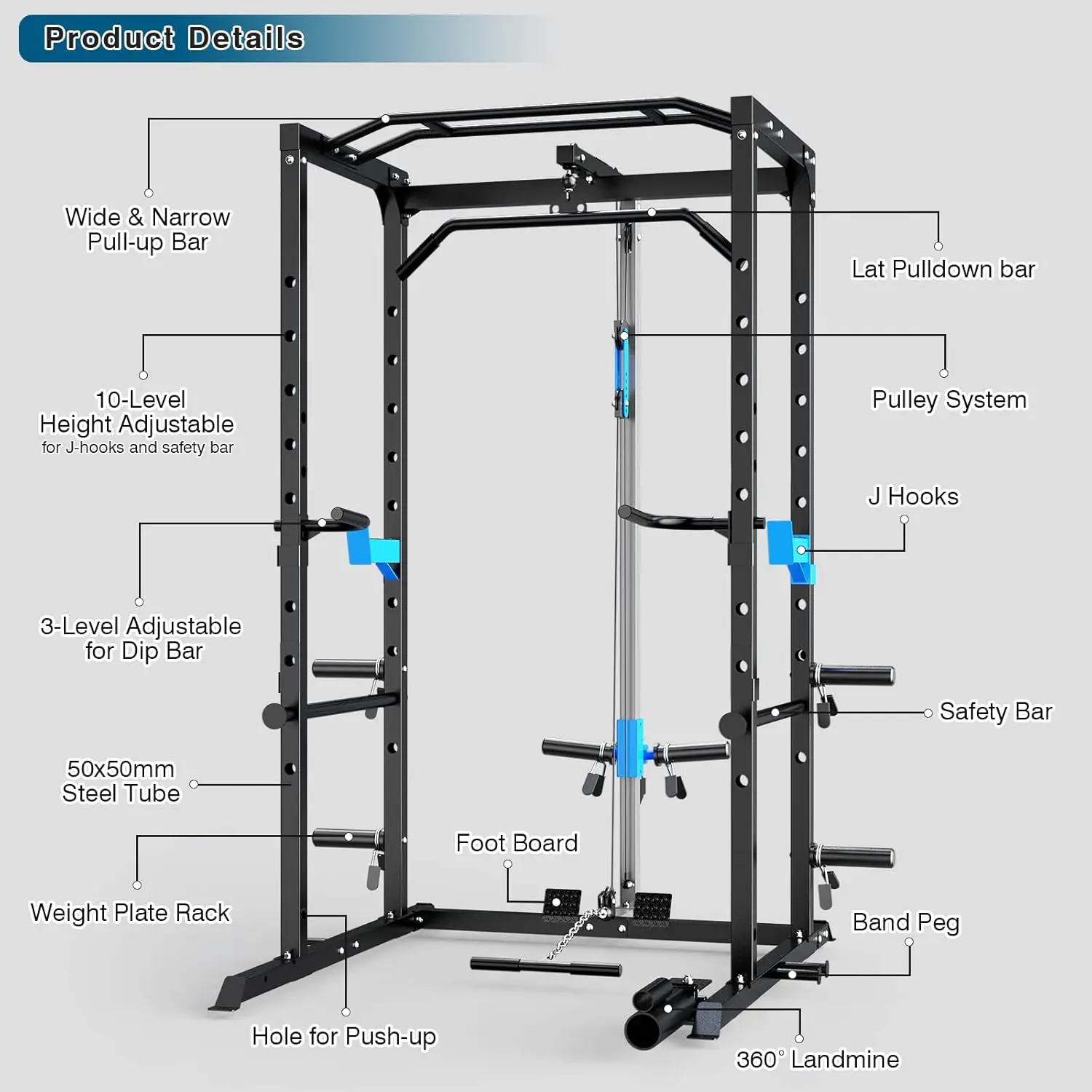 Power Cage, Multi-Functional Power Rack with J-Hooks, Dip Handles, Landmine Attachment and Optional Cable Pulley System for