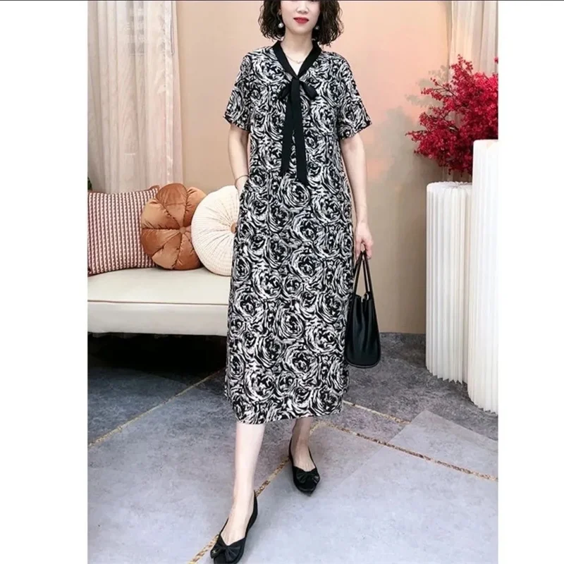 2024 High End Dress Women's Short Sleeved Summer New Belly Covering Top Elegant And Feminine Style Skirt Middle-Aged And Elderly