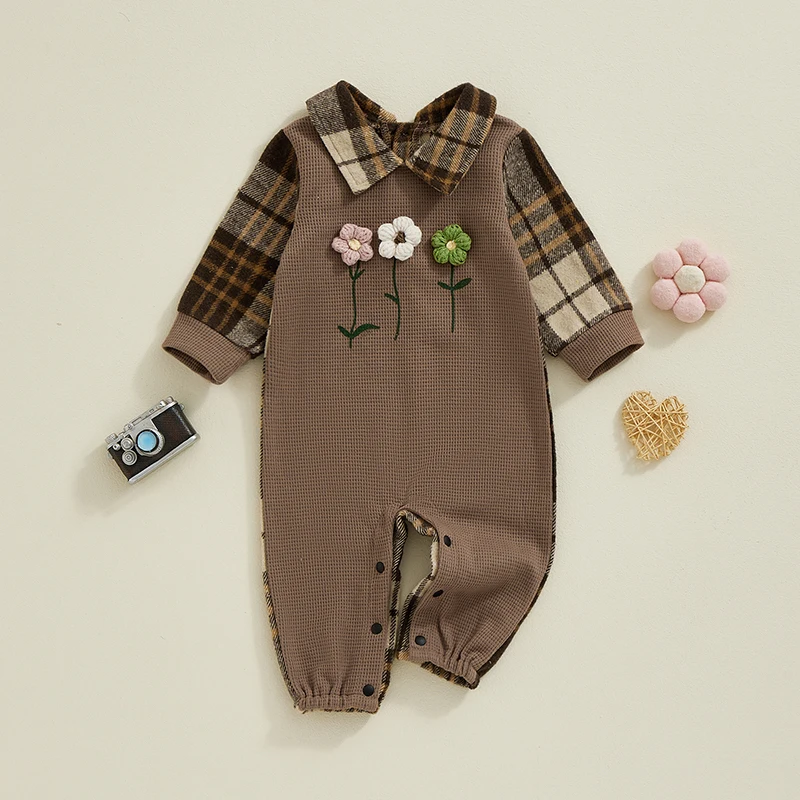 

2024-06-27 Lioraitiin 0-12M Baby Girl Fall Romper Long Sleeve Lapel Collar Plaid Print Patchwork Jumpsuit Infant Autumn Outfit