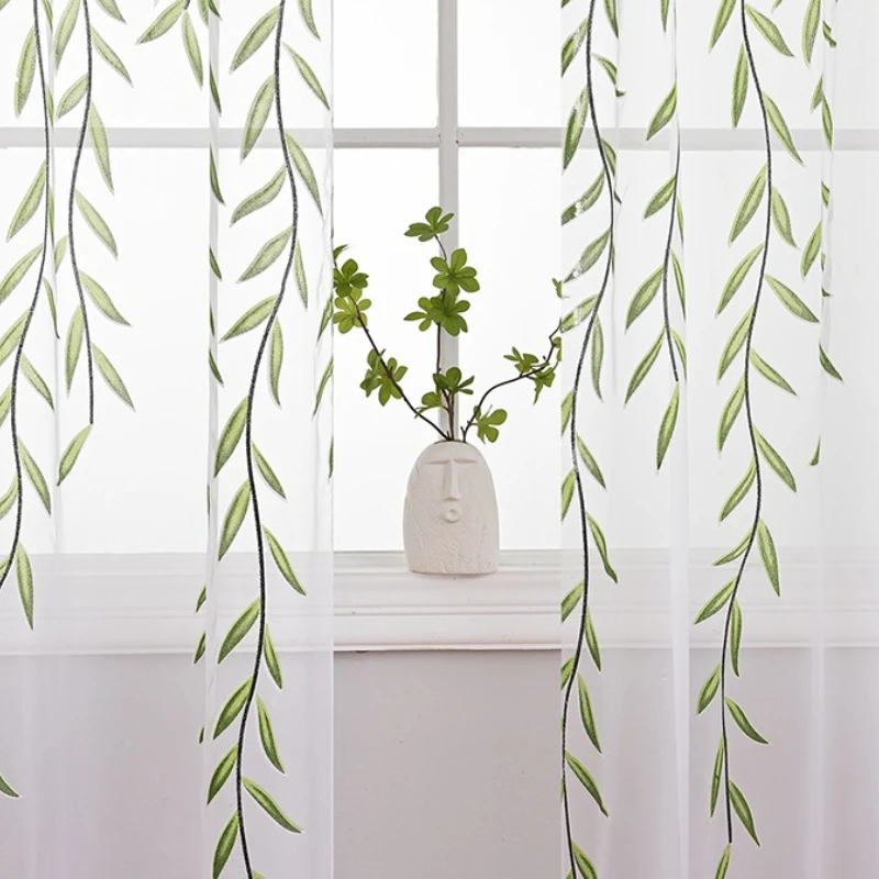 Curtain Leave Jacquard Treatment Semi-sheer Rod Pocket Window Curtains for Living Room Bedroom Simple Modern Style 2 Panels