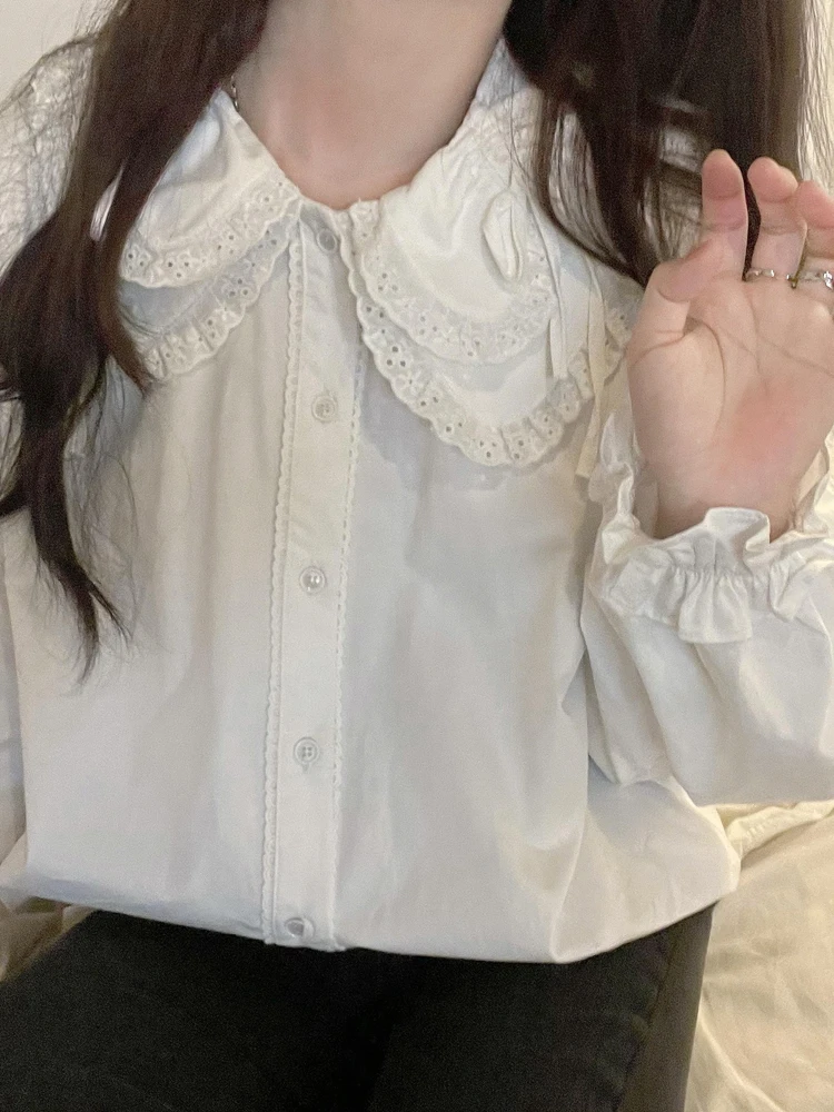 Pastoral Mori 일본 오리지널 로리타 인형 칼라 레이스 업 셔츠 달콤하고 귀여운 소녀 흰색 레이스 다목적 긴팔 탑