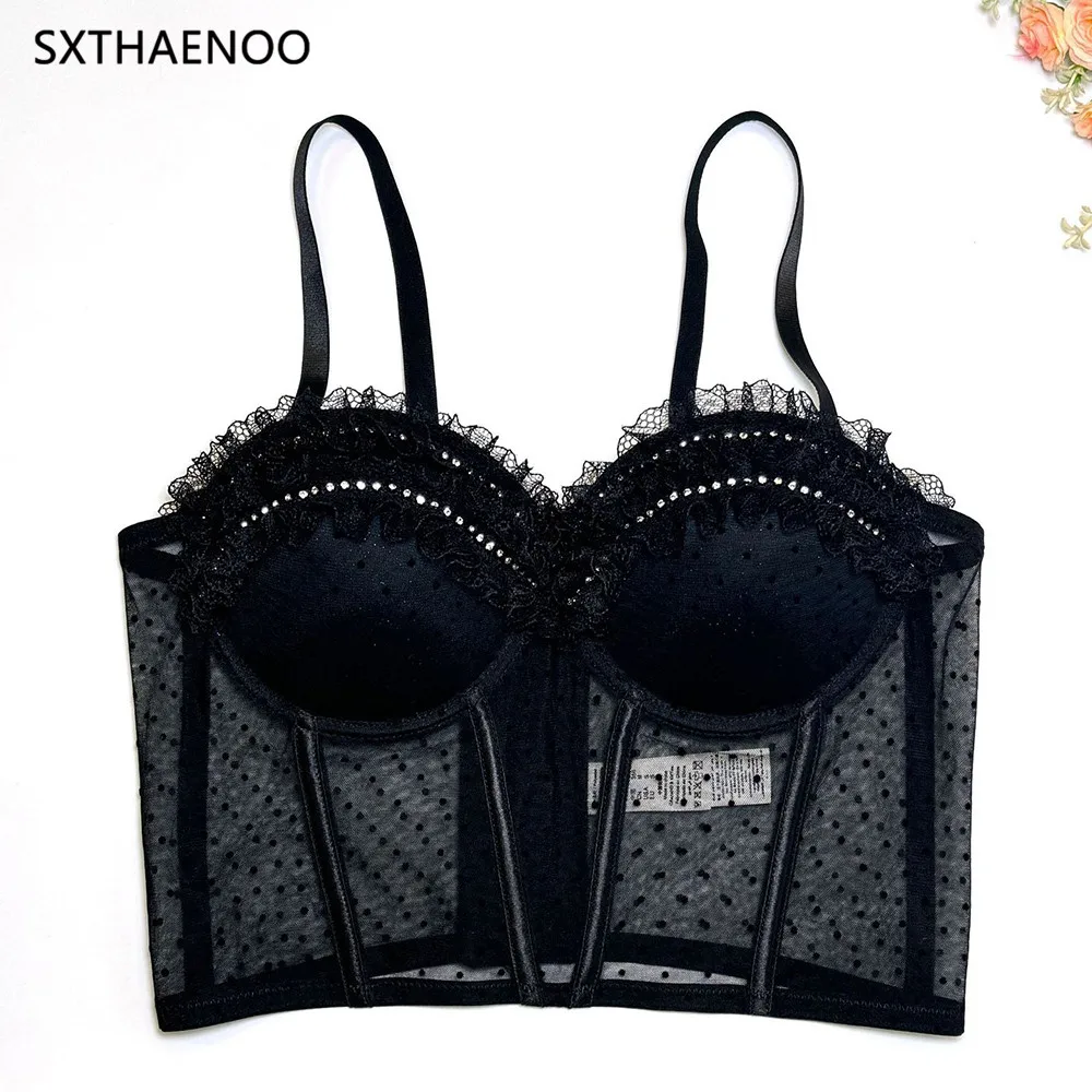 SXTHAENOO High Quality Sexy Corset Top Vintage Lace Trim See Through Crop Top Fashion Wave Point Strap Tank Top Women Clubwear