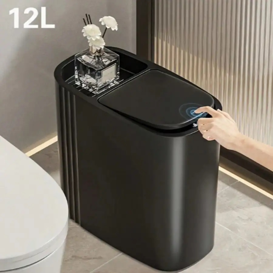 

12L Stylish Black Trash Can - 1-Touch Pop-Up Lid, Odor-Resistant, For Home/Office/Bathroom/Dorm (Easy Clean)