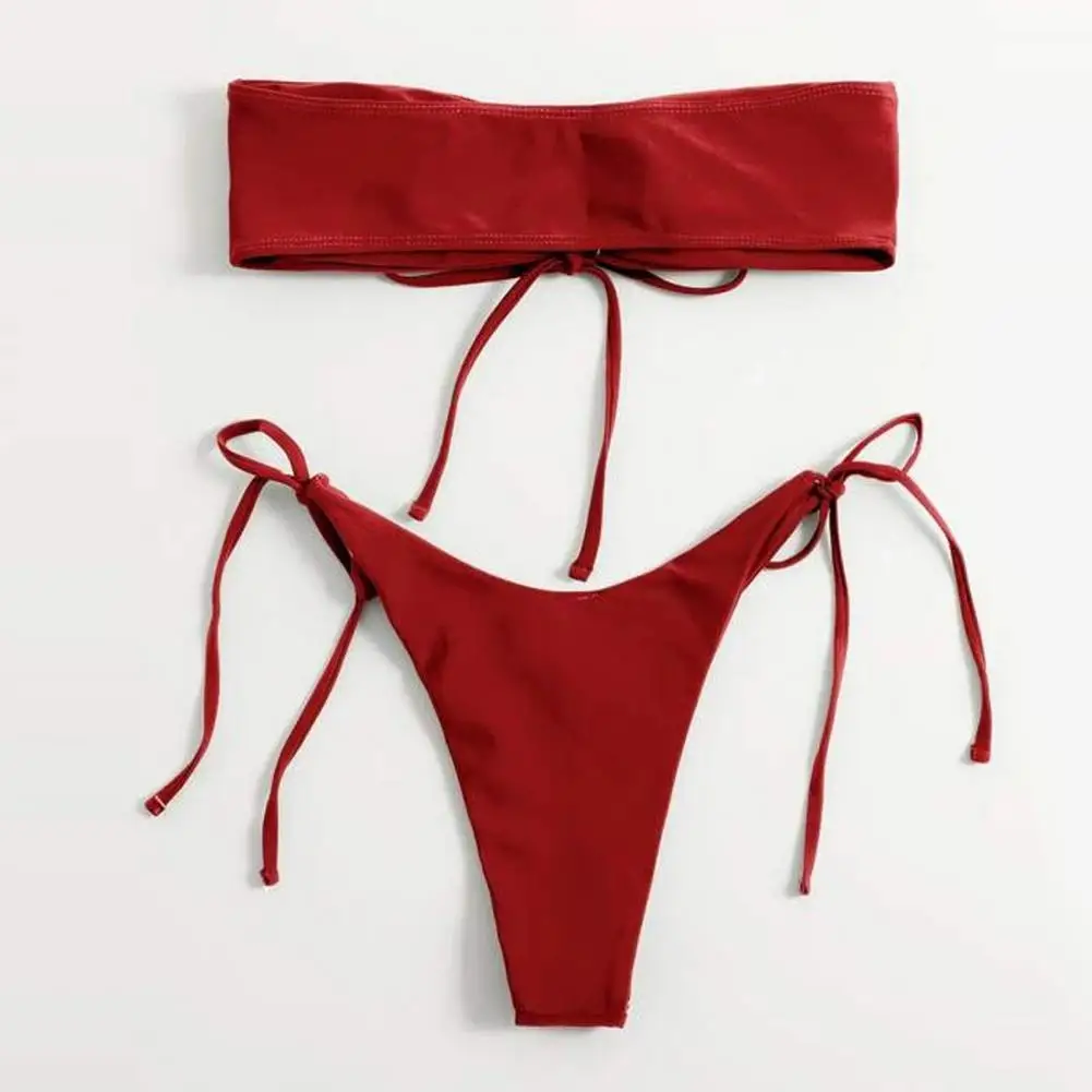 Conjunto de Bikini Sexy con anillo redondo para mujer, Top de tubo Bandeau, sujetador acolchado, braguitas de cintura alta con cordones, Micro traje