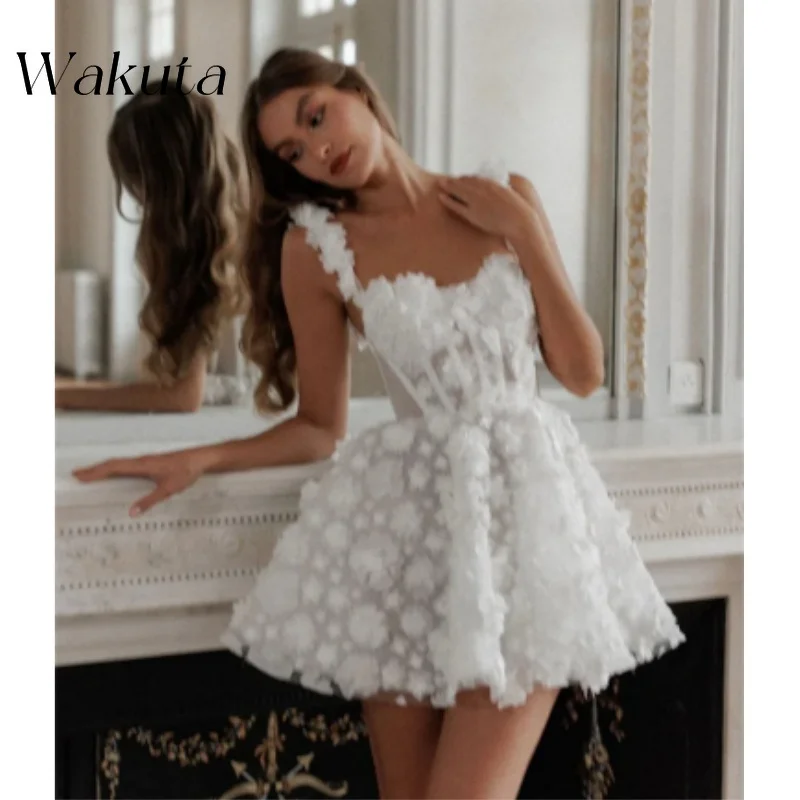 Wakuta White Brides Wedding Dress Flower Lace Embroidery Evening Robe Sleeveless Lace-up Spaghetti Strap Party Vestido De Fiesta