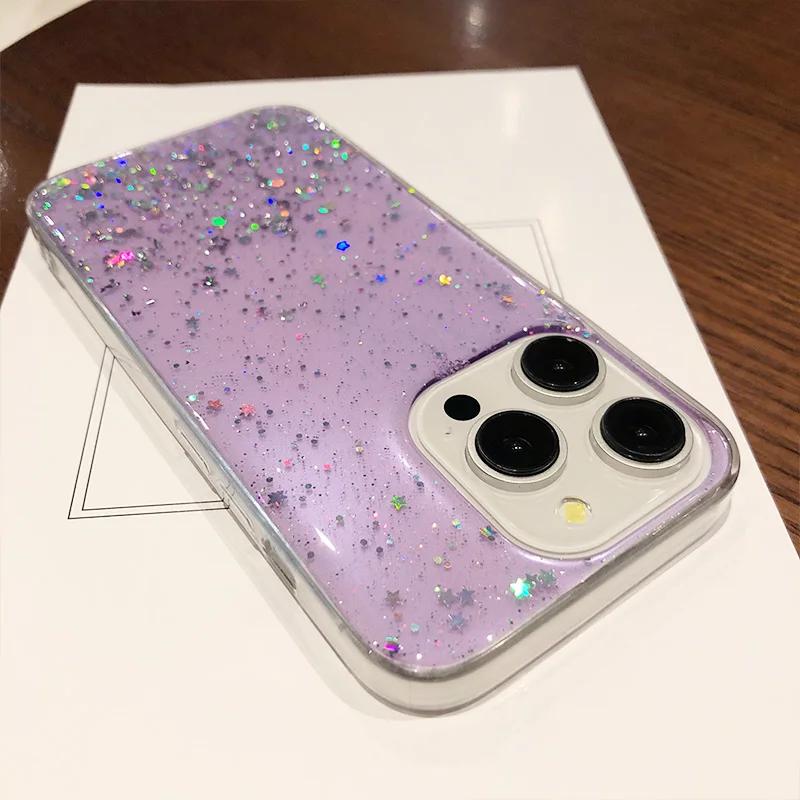 Glitter Star Phone Case for IPhone 16 15 14 13 12 Pro Max 16pro Epoxy Clear Soft Silicone Cover Shockproof Bumper Capa