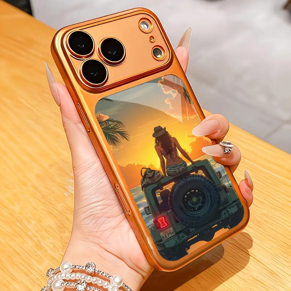 Capa de Celular de Vidro Temperado Exquisita com Design de Menina à Beira-Mar em Voga para iPhone 17, 16, 15, 14, 13, 12, 11 Pro Plus