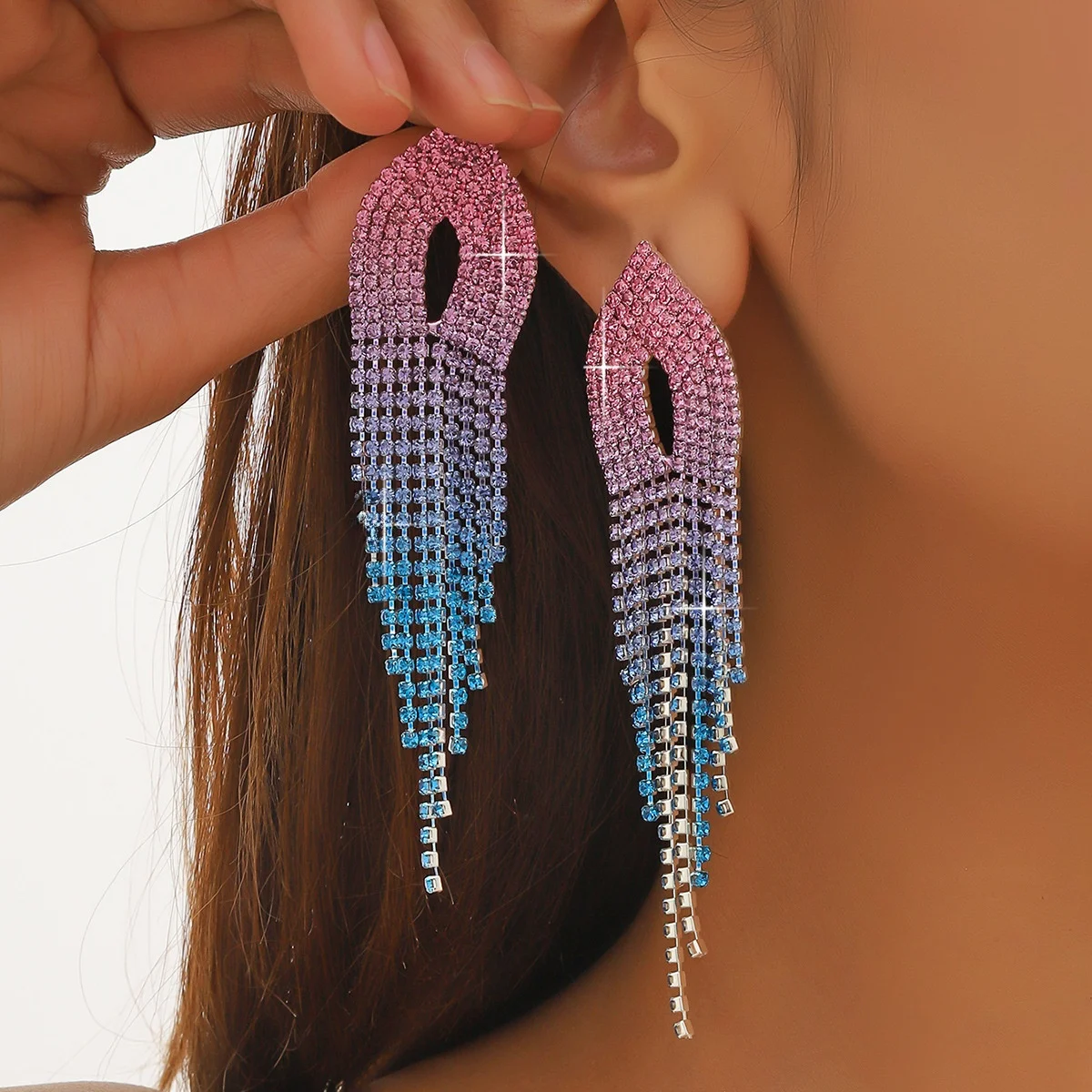 Long Tassel Earrings Women's Fashionable Sparkling Water Diamond Cross-Border Luxury Elegant Drop Earrings Jewelry Accessories