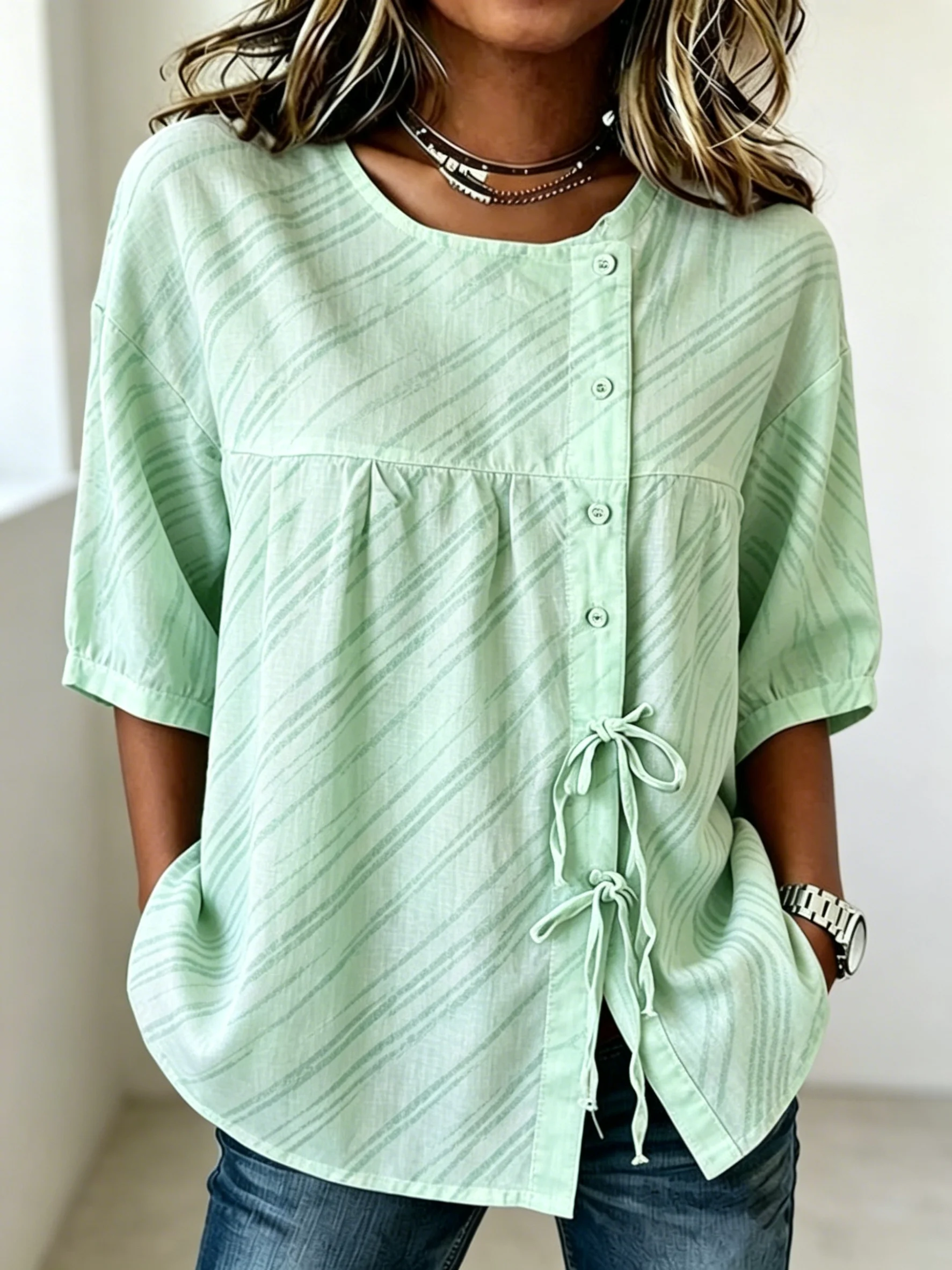 

Women's Mint Green Diagonal Stripe Print Button & Tie Front Blouse, Casual Stylish Top for Spring Summer Daily & Versatile Wear