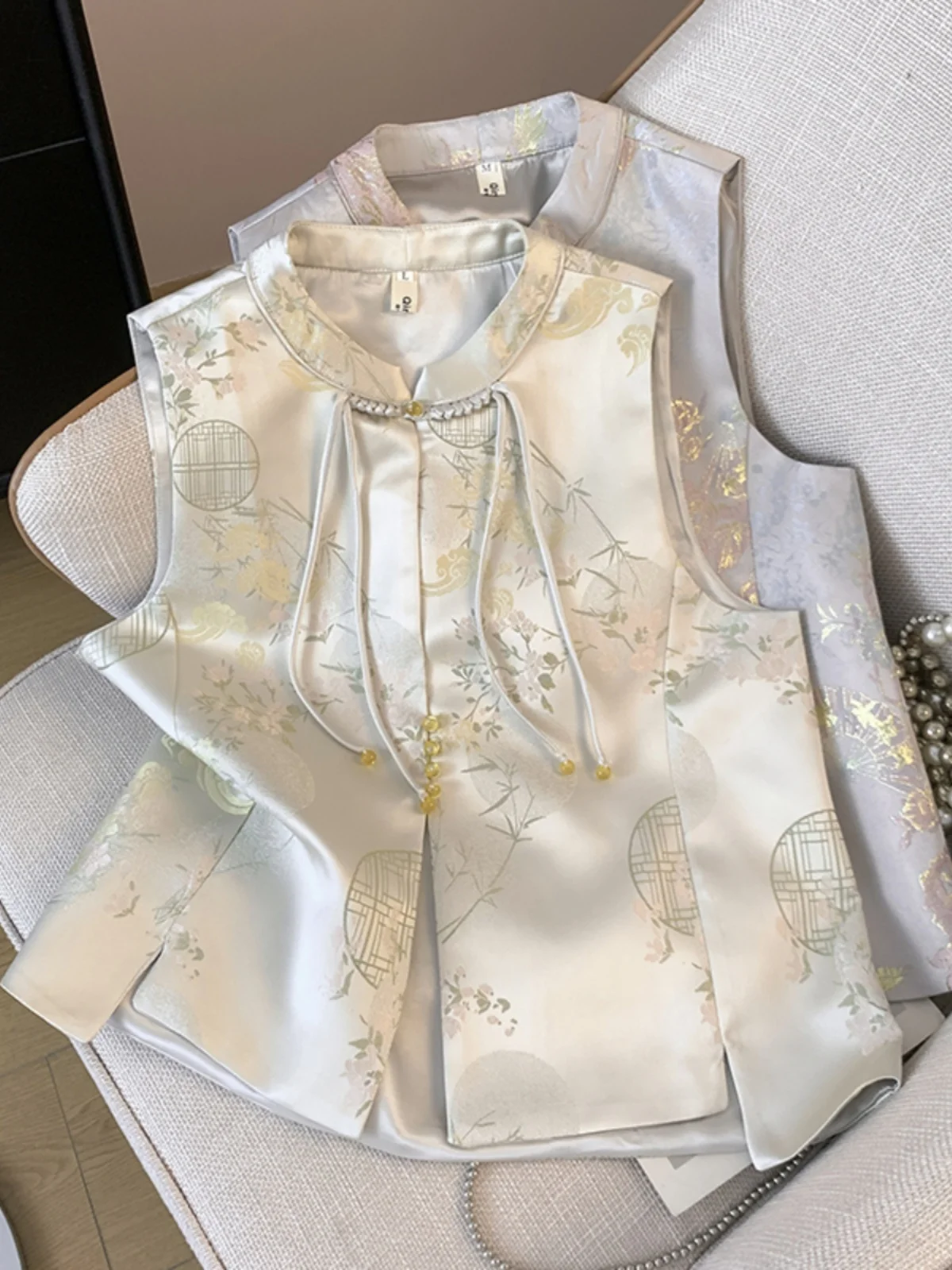 

Silk Satin Chinese Sle Women's Vest Svel Outerwear Button Bal Top High End Faion Spring Autumn Clothing