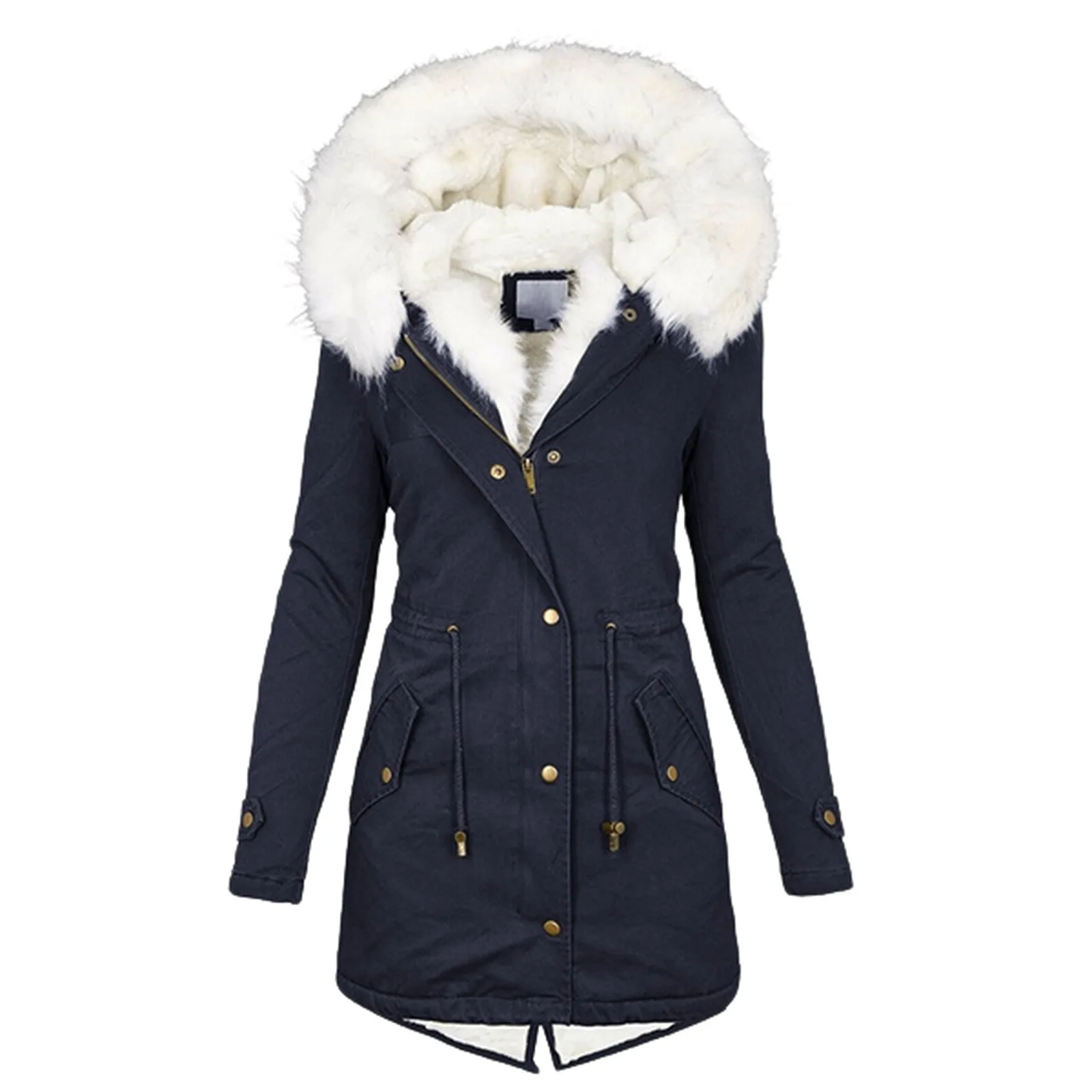 Fsmg jaqueta parka feminina de inverno, comprimento médio, slim fit, casaco com capuz e bolso com cordão, zíper, gola de lã branca, sobretudo de algodão