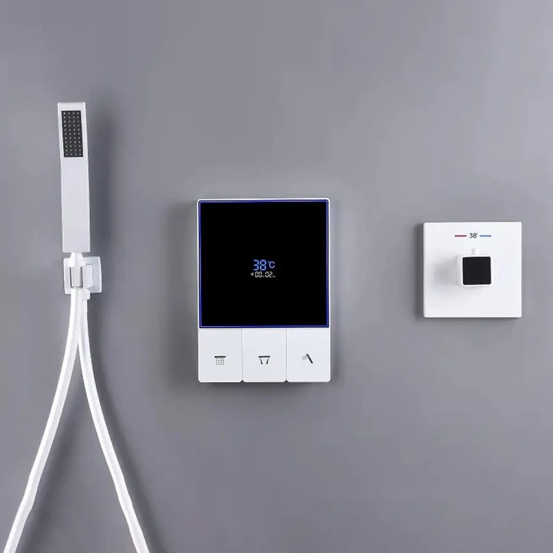 スマート温度表示付き3機能サーモスタット式ホワイトシャワーシステムセット（16インチ大型バスルーム用滝状レインシャワーヘッド付き）