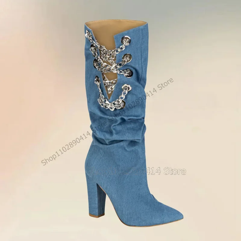 

Blue Denim Metal Chain Decor Pointed Toe Boots Slip On Women Shoes Chunky High Heels Fashion Banquet 2025 Zapatos Para Mujere