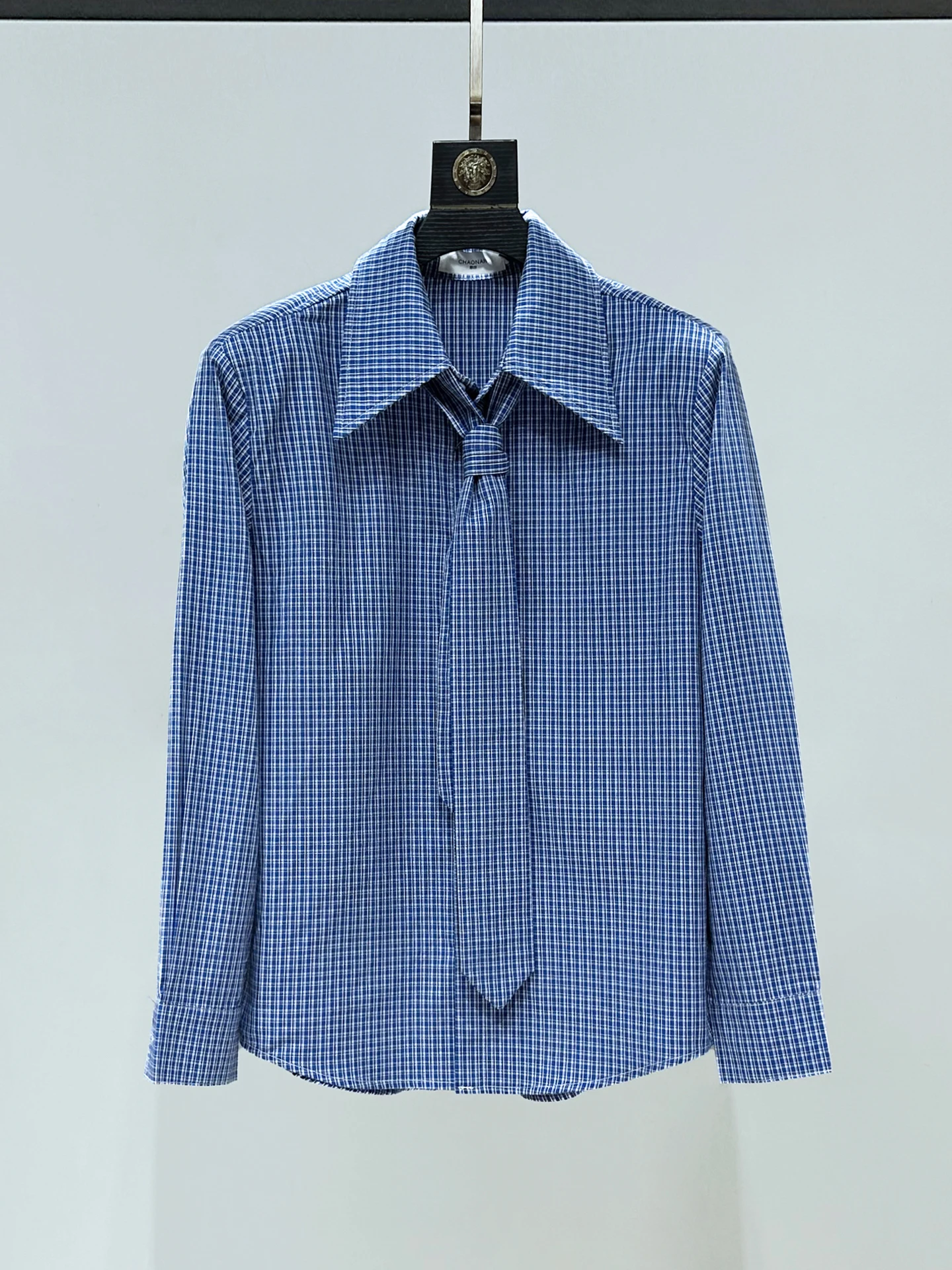 

Original Blue Plaid Long Sve Casual irt for Men with oulder Pads arp Collar Commuter Sle Polyester Fiber irt