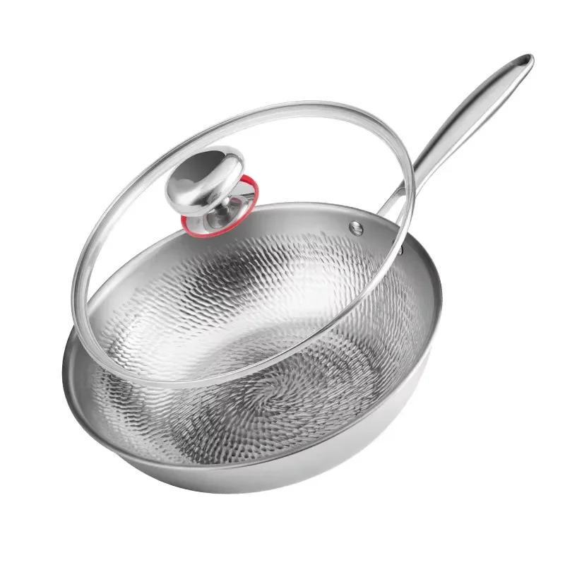 Pure Titanium Wok Uncoated Non Stick Pan for Induction Cooker Gas Stove Stainless Steel Handle Modern Simple Silver 30cm 3-4L