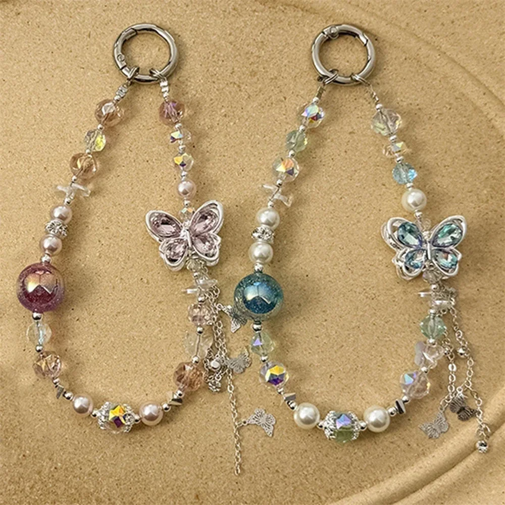 

Butterfly Tassel Beads Luxurious Sparkling Diamond Phone Bracelet Lanyard Decorative Chain Knot Phone Strap Bag Camera Keychain Gift