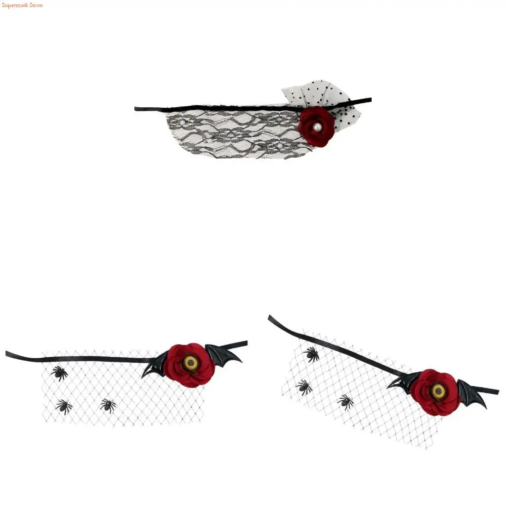 Q5WE Gothic Mesh Face Mask With Artificial Floral Decor Comfortable Wear