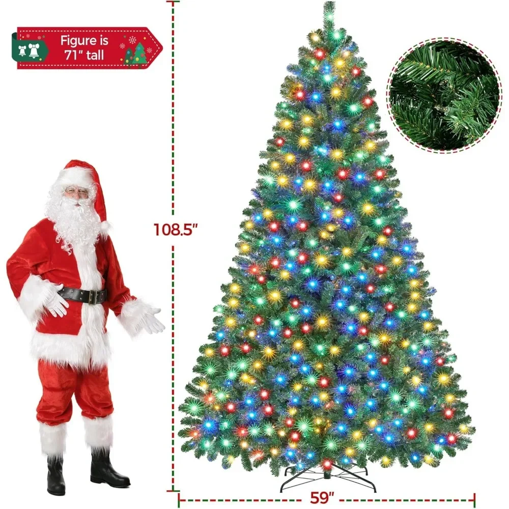 Pre-lit Spruce Artificial Christmas Tree Hinges Tree with 850 Multicolor LED Lights & 2160 Branch Tips & Metal Stand for Home