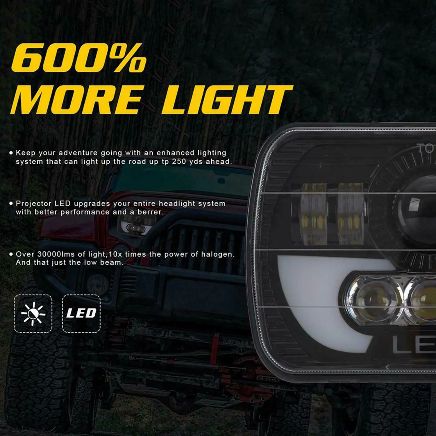 7x6 5X7 300W LED headlight with high light transmission halo DRL waterproof dustproof shockproof for 86-95 YJ 84-01 Cherokee XJ