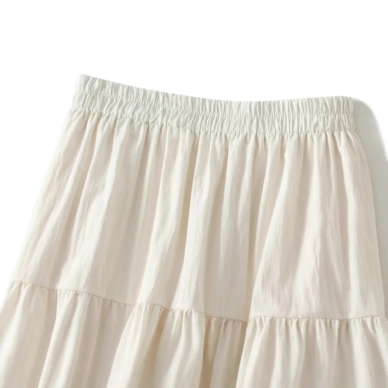 Nova chegada 2025 primavera feminina cor sólida rendas retalhos cintura alta doce saia longa feminina a linha casual saias de cintura alta