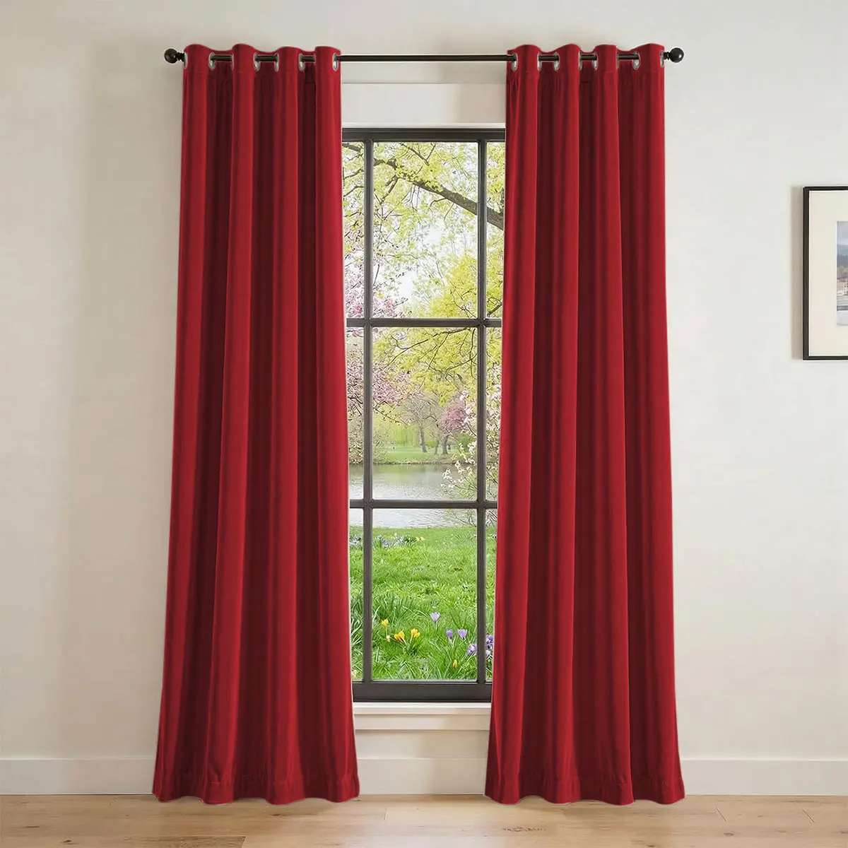 Red Solid Velvet Grommet Curtains Set of 2, Blackout Window Drape, Elegant Curtain For Bedroom Living Room