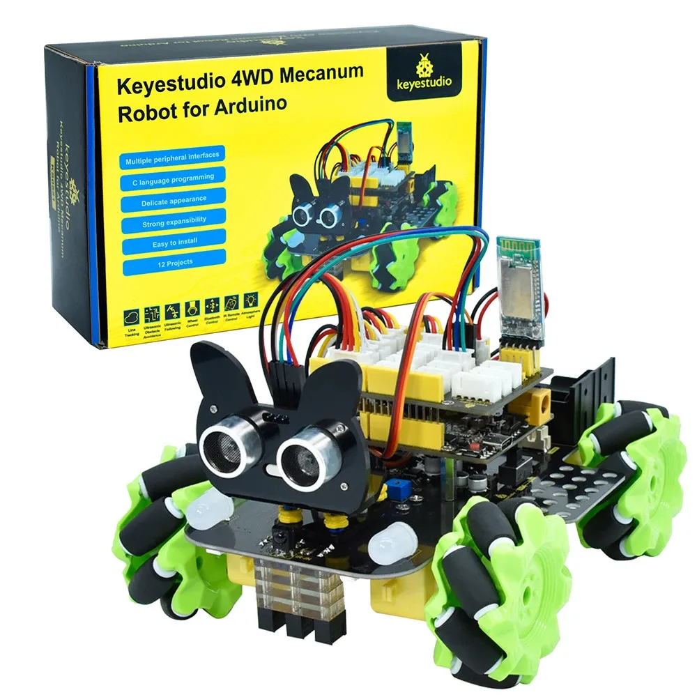Zestaw robota samochodowego Keyestudio Mecanum 4WD dla Arduino, inteligentny projekt DIY dla dorosłych, zestaw do programowania STEM, łatwy montaż.