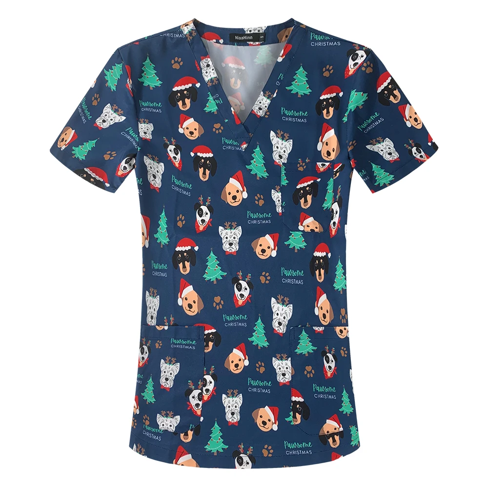 Uniform Spa Dental Scrub Clinical Doctor Nurse Christmas Uniform Fashion Printed Short Sleeves Tops Beautician Manicurist Blouse