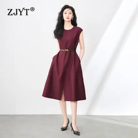 ZJYT 여성 패션 여름 민소매 드레스 우아한 오 넥 솔리드 단순 Aline Belted 캐주얼 파티 Office 미디 드레스 레드 블랙