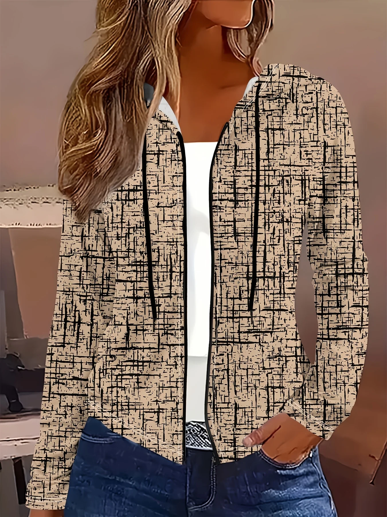 Printed Design Casual Style Abstract Black Line Grid Pattern Women's Zip-Up Hooded Jacket