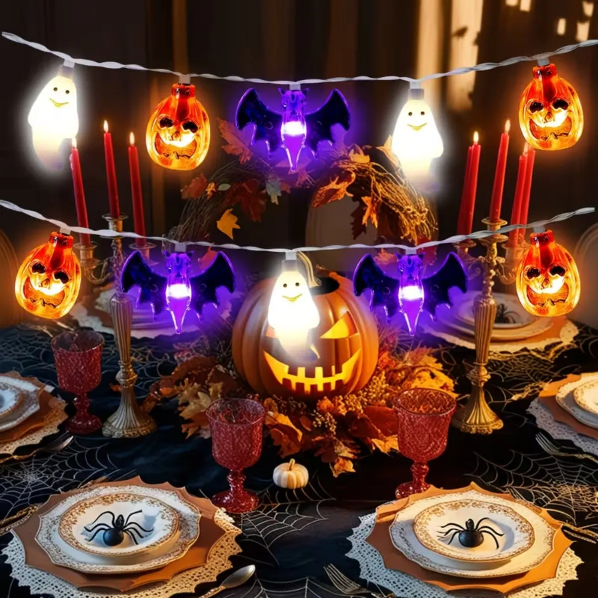 1PC 3D Pumpkin Ghost Bat LED String Lights Spooky Halloween Hanging Fairy Lights For Home Patio Garden Haunted House Decoration
