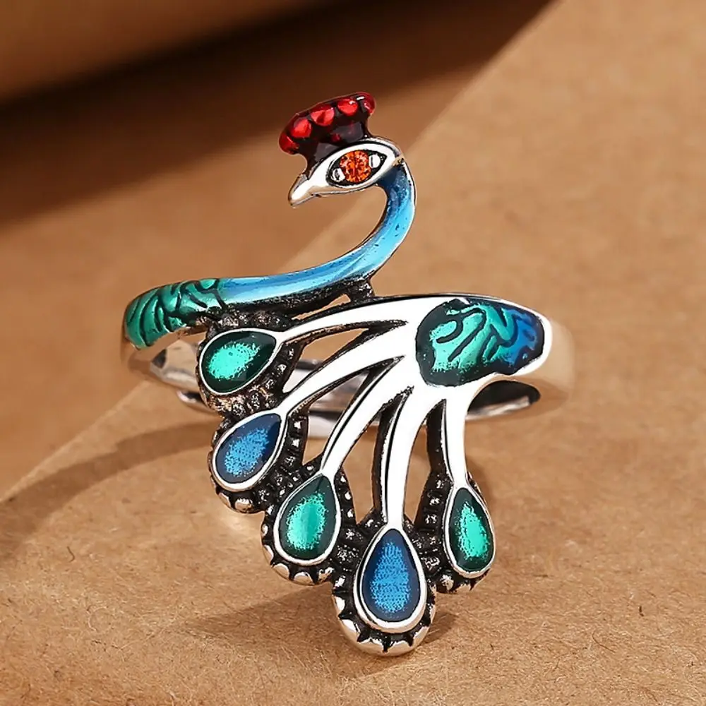 Fashion Peacock Open Rings Exaggerated Irregular Women Finger Rings Alloy Gothic Enamel Retro Ring Punk