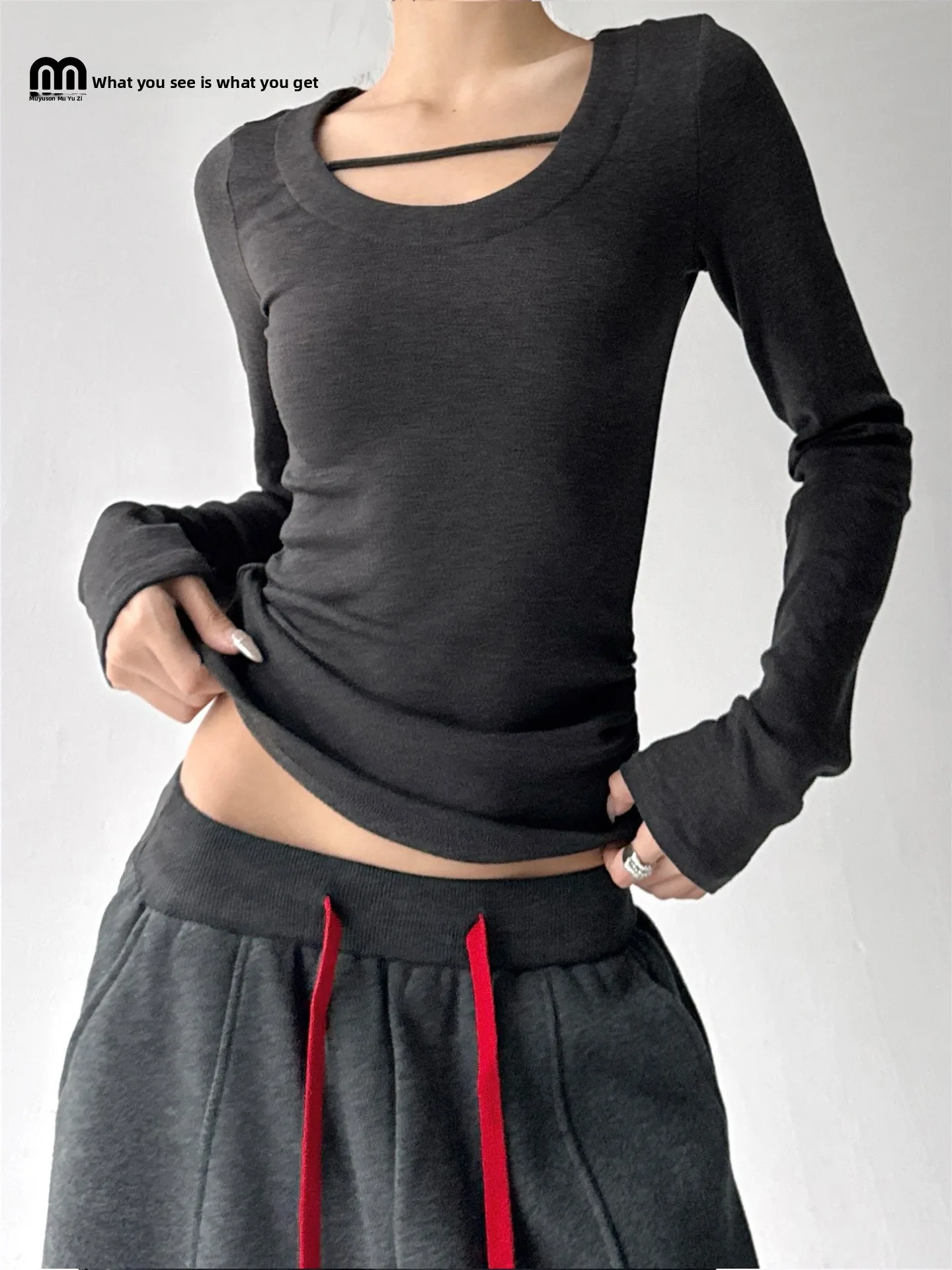 Damen Long Sve Fce Lined U Ne Slim Fit Base irt Korean Sle Faionable Casual Top für Herbst Winter