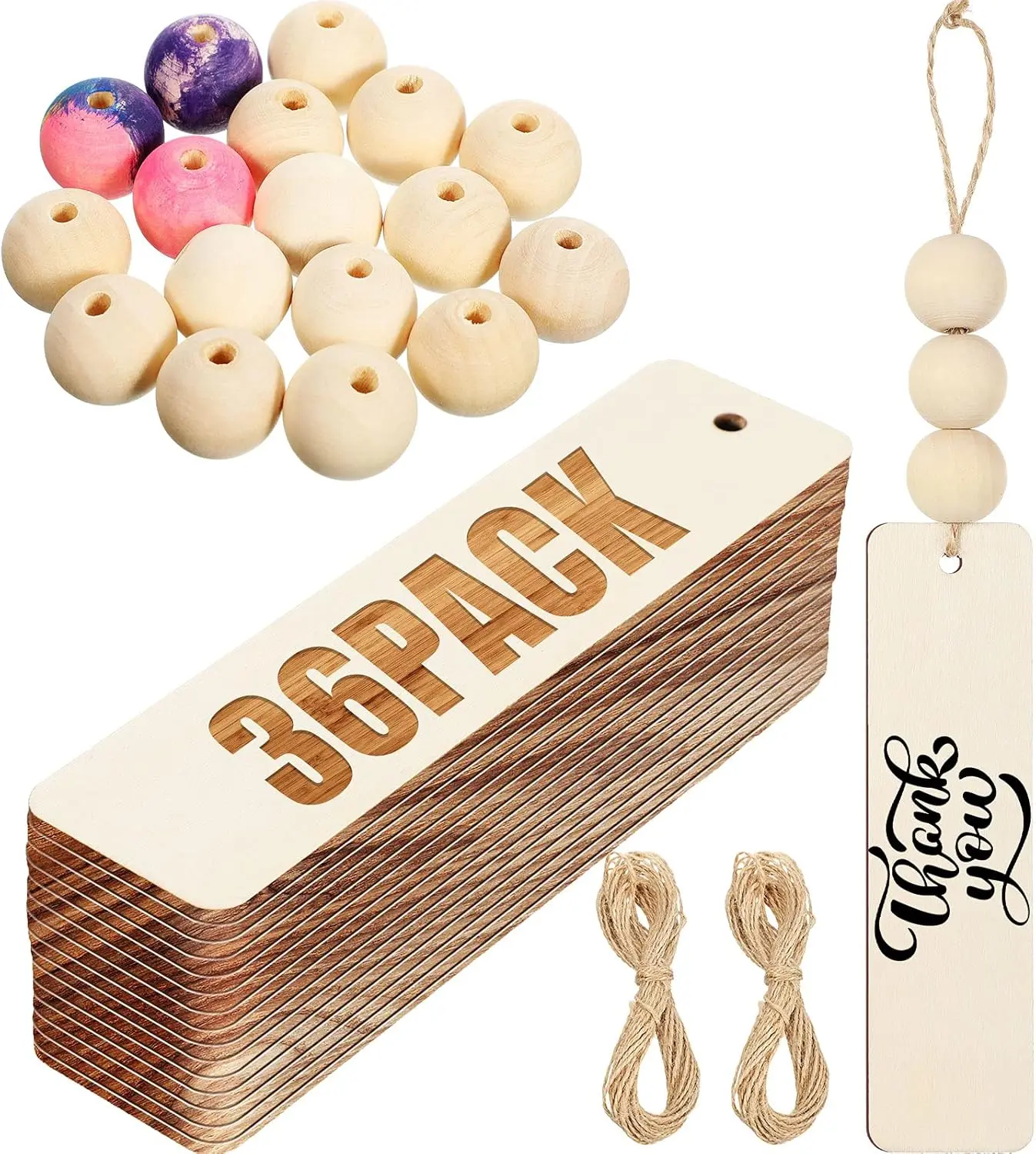 36 Stück Weihnachtsstrumpf-Namensschilder, leere Geschenkanhänger aus Holz mit Löchern, DIY-Hängedekoration, 60 Stück Perlen und Seile, 4,7 x 1,3 Zoll