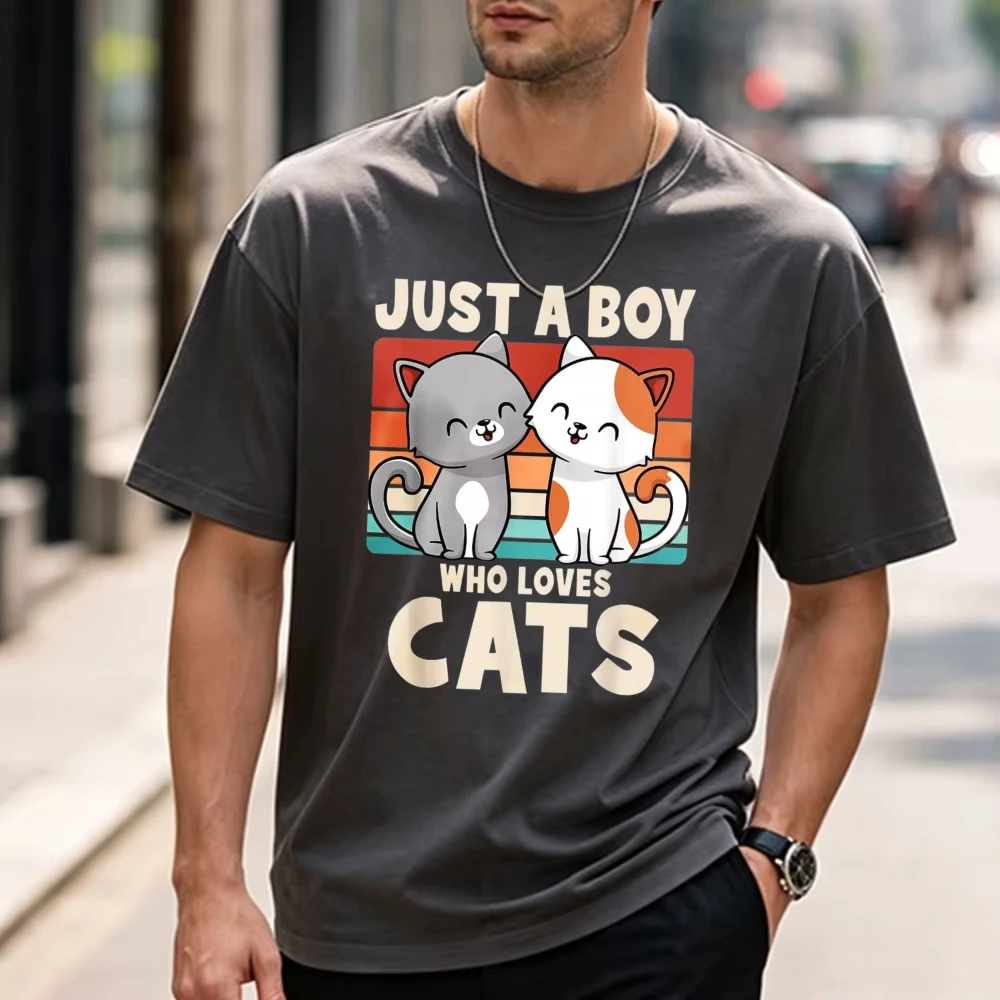 Just A Boy Who Loves Cats Funny Cat Lover Kitten Men T-Shirt Graphic T Shirts Harajuku Streetwear Casual High Quality Cotton