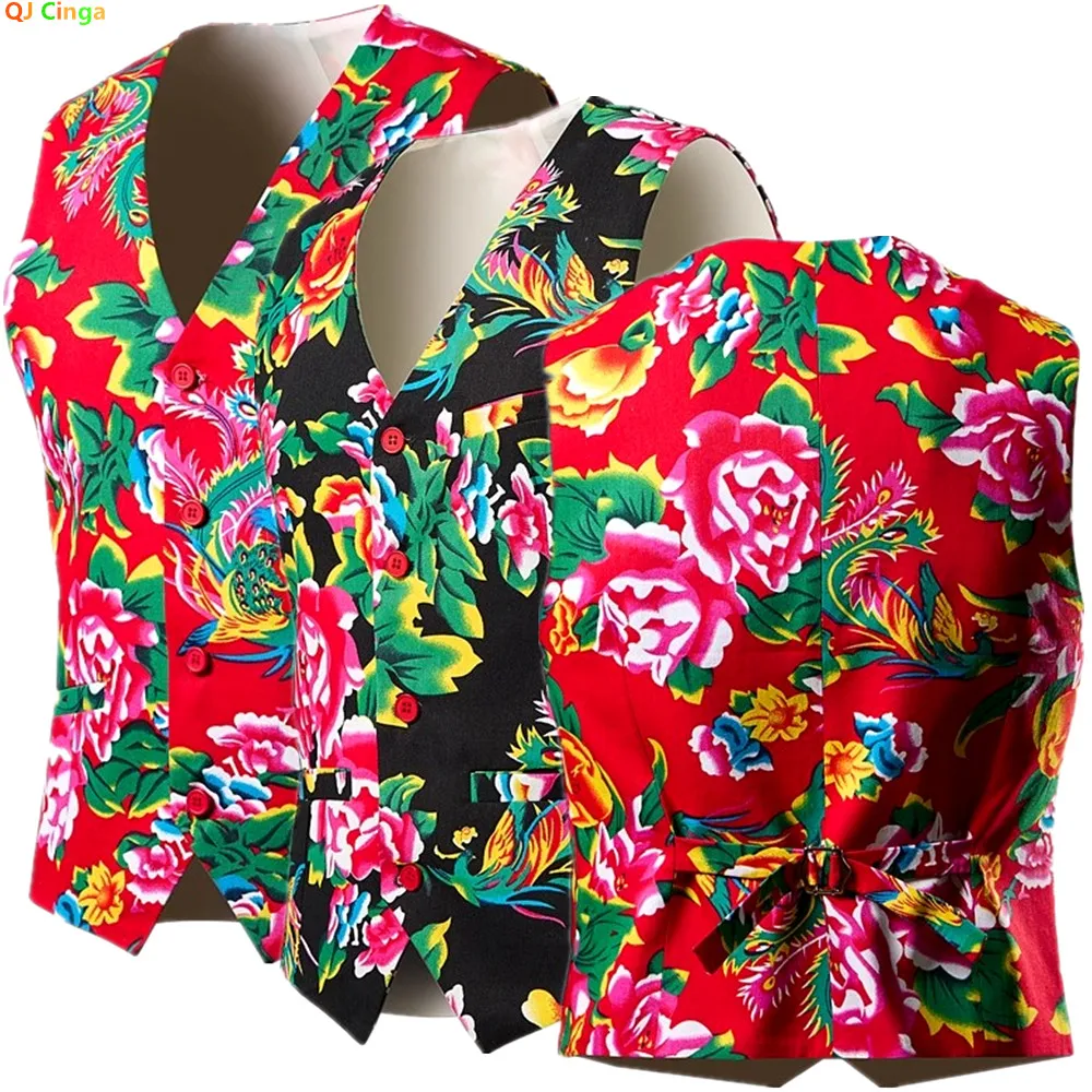 

Autumn Bright Red Men's Printed Suit Vests, Asian Sizes Black Sleeveless V-Neck Vest Jacket, Wedding/Party/Performance Top.M-8XL