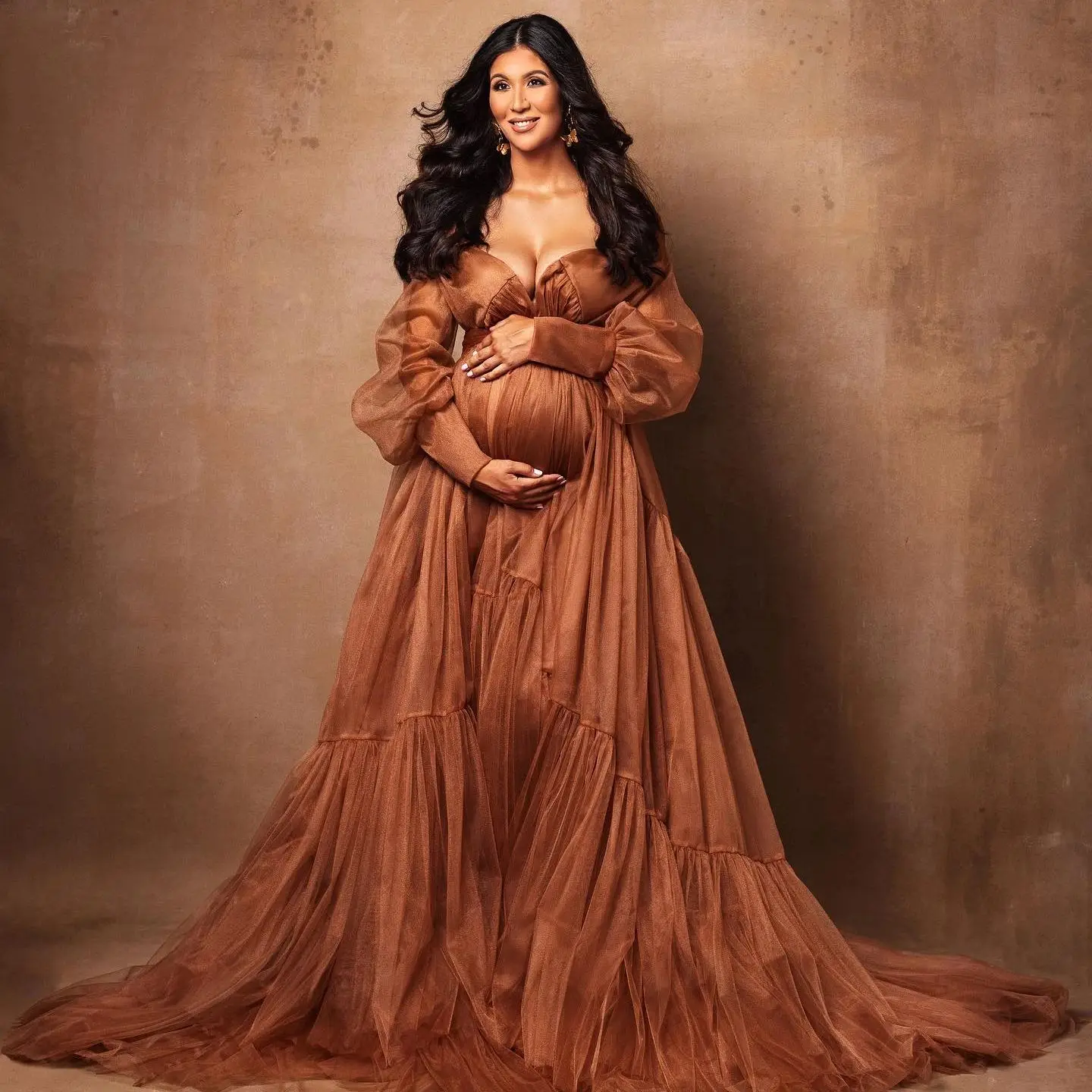 Brown Tulle Maternity Gowns for Pregnancy Photo Shoot Long Sleeve Girls Photography Babyshower Dresses Bathrobe Wear