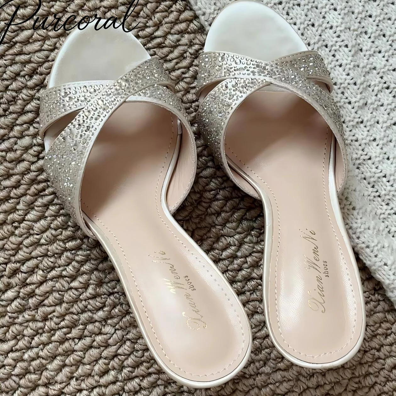 Purcoral 2026 Nouvelles Sandales à Talons Hauts Fins Champagne pour Femmes avec Strass et Brides Croisées, Bout Ouvert