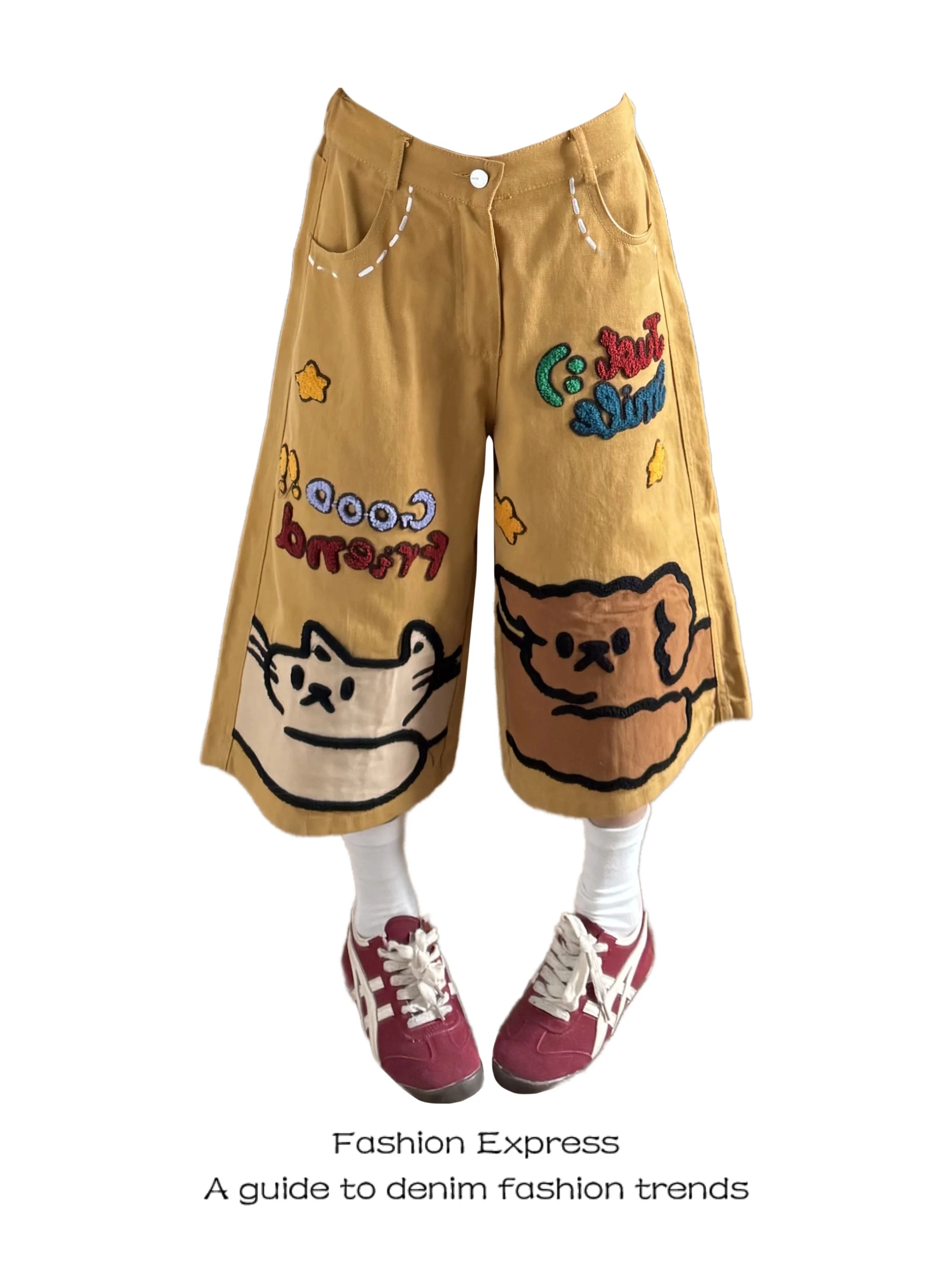 

Retro American Cartoon Embroidery High Waist Wide Leg Pants Women's Summer New Style Loose Design Seven-Foot Pants