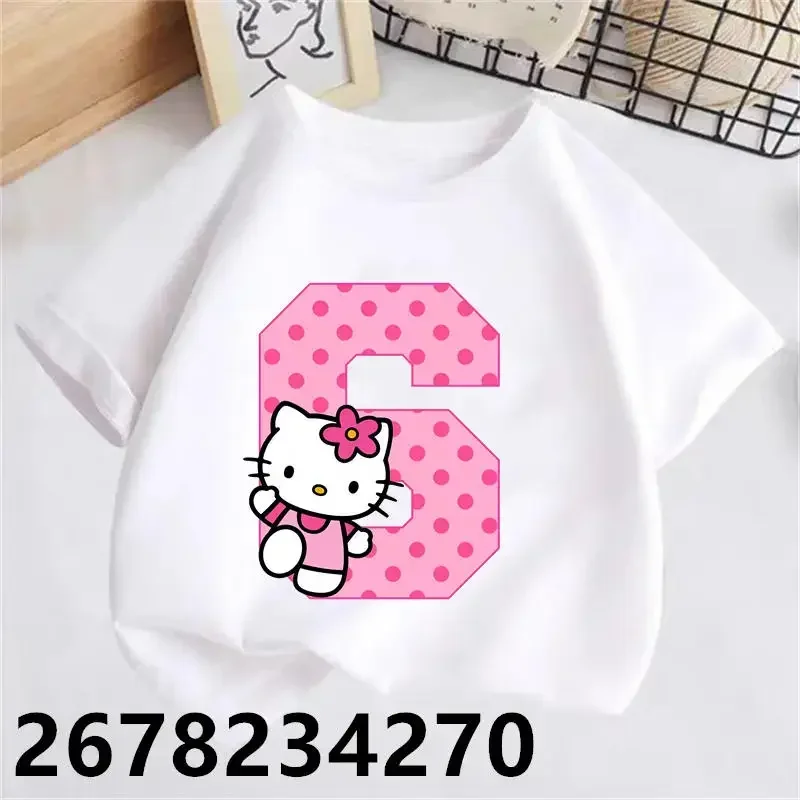 Hello Kitty Children White T-shirt Birthday Number 1-9 Shirts Kawaii Sanrio Y2k Cartoons Kid Girl Boy Streetwear Casual Clothes