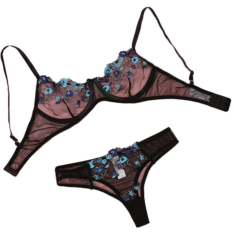 Transparente bordado novo heilan renda lingerie sexy roupa interior feminina conjunto de breve de fadas kit de sutiã delicado push up conjuntos de breves eróticos