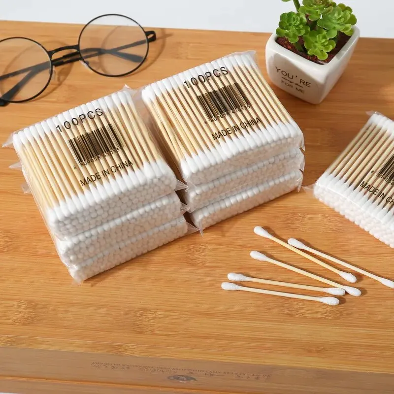 100 Double-headed Wooden Cotton Swabs Disposable Hygienic Ear-picking Pointed Makeup Household Remover Cleaning Bag